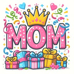 A Colorful Celebration of Motherhood: 3D Rendered MOM Text Adorned with a Crown, Cute Characters, and Festive Elements