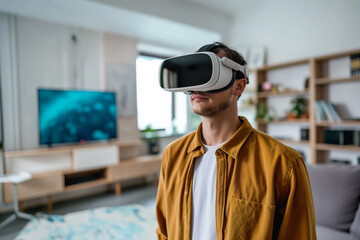 young man wearing vr headset while standing in living room, the concept of using virtual reality technology in modern life - Powered by Adobe