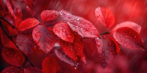 Nature Photography Background, Dewy Red Leaves with Soft Bokeh Effect