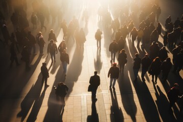 Crowd of commuter people walking long shadow