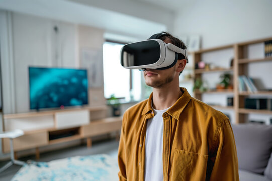 young man wearing vr headset while standing in living room, the concept of using virtual reality technology in modern life
