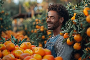 Cheerful man in denim overalls laughs joyfully amidst a vibrant orange grove