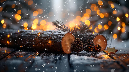 A blurred Christmas background with snowflakes,
A snowy christmas tree in the snow with a christmas tree in the foreground

