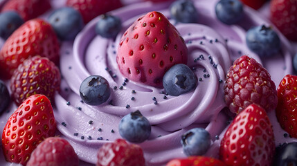 A close-up of a purple ice cream topped,
Healthy gourmet dessert Fresh berry bowl with yogurt and cream