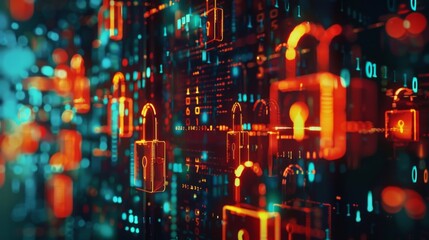Cybersecurity Concept With Digital Locks and Data Stream