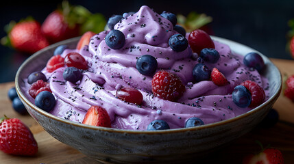 A close-up of a purple ice cream topped,
Fruit soup with a sprinkling of some fruit
