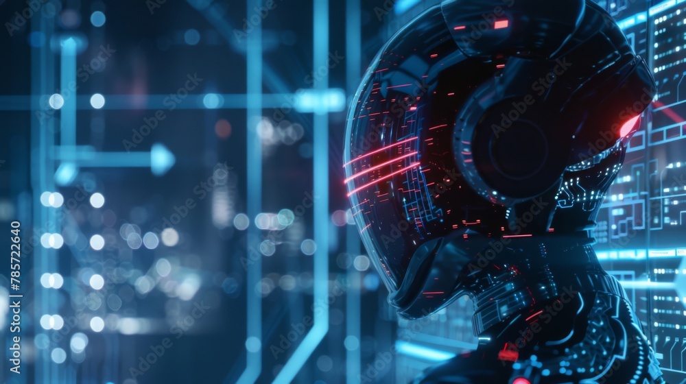 Aufkleber futuristic robot head with red laser vision in a digital space