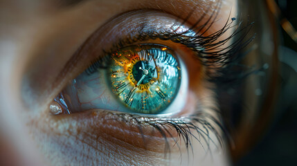 A close-up of a person's eye with a clock in it,
A close up of a green eye with a yellow and blue iris
