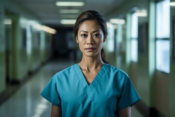 Female nurse standing on a hallway serious face
