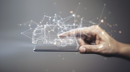 Naklejka premium modern online delivery transport concept, hand order from home click touch screen smartphone tablet with digital drawing truck, abstract route logistics, copy space 