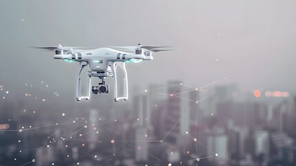 high-tech white drone flying over modern smart city skyline, view from behind, future delivery mobility transport concept technology background, copy space