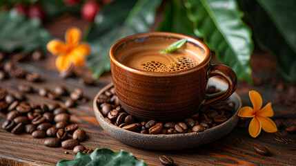 A cup of Kopi Luwak coffee sits on a wooden table,
a cup of coffee and a flower on a wooden table