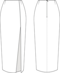 with slit darted zippered  body-con straight midi long maxi skirt template technical drawing flat sketch cad mockup fashion woman design style model jean denim leather
