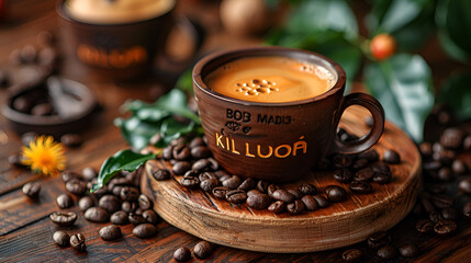 A cup of Kopi Luwak coffee sits on a wooden table,
Autumn background with cup of coffee