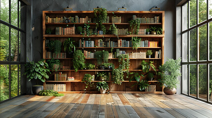 A contemporary-style bookshelf adorned with plan,
Bookshelves with books and plants on display in modern office
