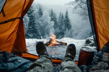 Gazing at a campfire from inside a snowy tent
