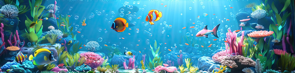 Obraz na płótnie Canvas Oceanic Hide and Seek: 3D Model of an Underwater Playground with Animated Sea Creatures
