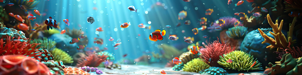 Fototapeta na wymiar Coral Reef Adventure: 3D Model of an Underwater Playground with Playful Sea Creatures