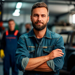 An auto body repair technician confidently stands in a workshop, arms crossed. - obrazy, fototapety, plakaty