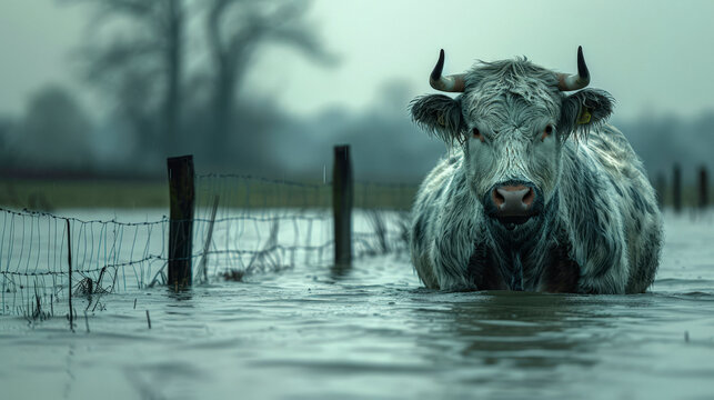 a poignant image depicting the consequences of climate change and rising sea levels, featuring a cow standing in a drowned meadow, knee-deep in water