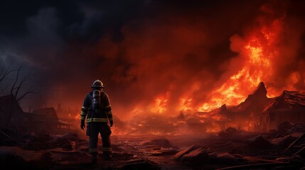 Amidst the chaos of the blaze, a solitary firefighter stands as a beacon of hope.