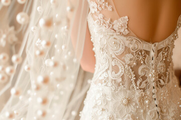 Capture the timeless beauty of a bride in a wedding dress adorned with exquisite pearl embellishments.