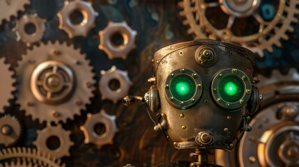 Vintage Robot with Green Eyes on Gear Background Macro Shot.