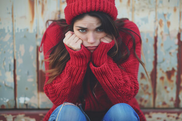 Upset woman in red sitting outdoors in winter