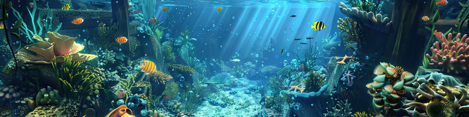 Fototapeta na wymiar Sea Life Exploration: 3D Model of an Underwater Playground with Animated Creatures