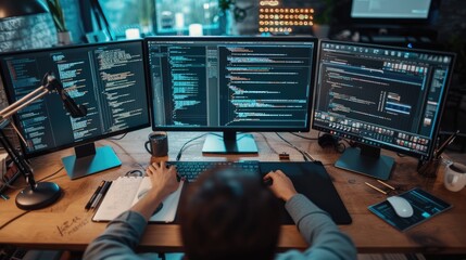 A focused software developer codes on a dual monitor setup in a modern office environment with a minimalist aesthetic. AIG41