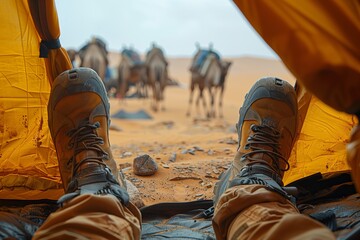 View from tent with hiking boots in desert