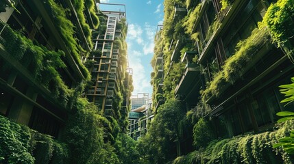 The picture about the apartment and building that has been covered with green plant or tree that covered almost every part of the buildings under the bright light from the sun in the daytime. AIGX03. - Powered by Adobe