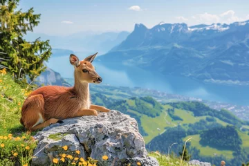 Fotobehang A serene doe rests on a rocky outcrop overlooking a stunning vista of the Alps and a deep blue lake © Aleksandra