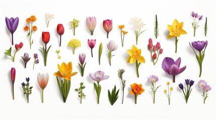 Set of different flowers on white background