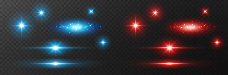 Light effects, stars burst, sparkles isolated on transparent background. Glow stage flash with rays. Vector red versus blue spotlights set. Shine projector beams for battle, game design