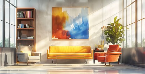 A modern, colorful living room with an abstract art piece hanging above a vibrant orange sofa, a...