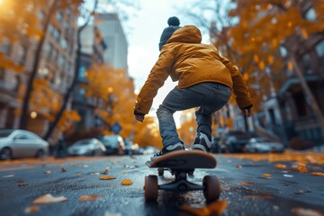 Skater in Yellow Jacket Cruising Autumn Street