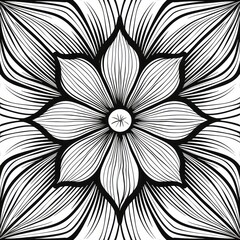 An intricate floral design with bold black and white contrast, featuring flowing lines and a mandala-like central flower Ideal for backgrounds or meditation