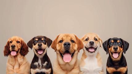  A group of cute puppies of different breeds on blue background