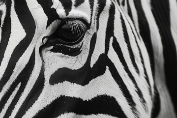Macro shot of zebra eye with detailed stripes, a powerful image of wildlife and the animal's gaze.

