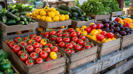 Traditional food market stall with  diverse selection of vibrant organic vegetables.