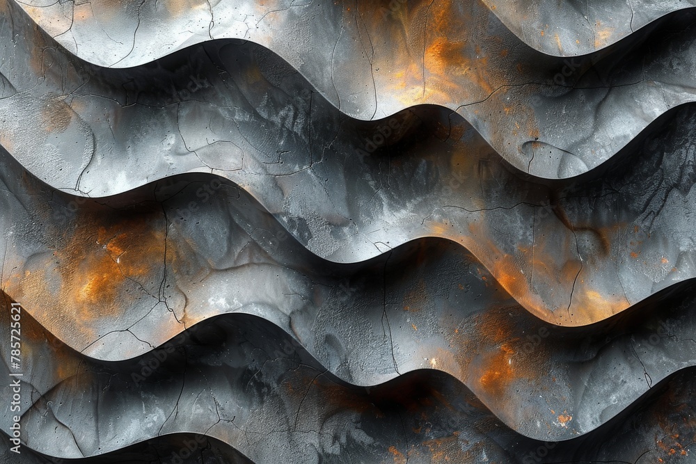 Poster the image showcases wavy metal patterns with an interplay of shadow and orange light that creates a 
