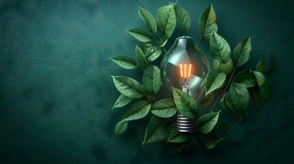 Merging the natural world of lush green leaves with the artificial light of a glowing light bulb. The contrast between the organic and the technological creates a sense of balance and harmony. - obrazy, fototapety, plakaty