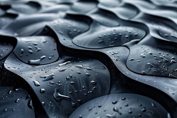 Dark, glossy curved surfaces with fresh water droplets, evoking a sense of fluidity and organic movement - obrazy, fototapety, plakaty