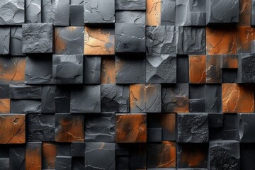 A close-up view of a textured wall with squares, showing the contrast of black stone and orange...