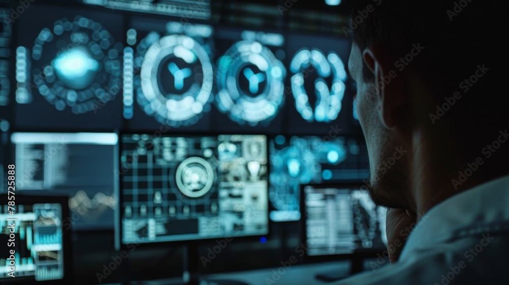 Aufkleber Man Sitting in Front of Multiple Computer Monitors