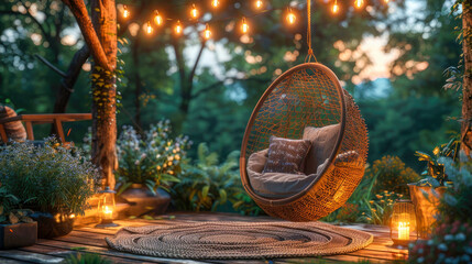Comfortable rattan chair with cushions on the balcony with view of the city at sunset