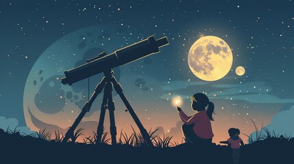 A mother and her daughter using a telescope to look at stars, planets, the Moon, and the night sky