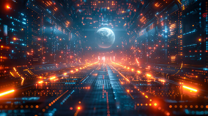 Obraz premium Futuristic server room data center hallway with glowing lights