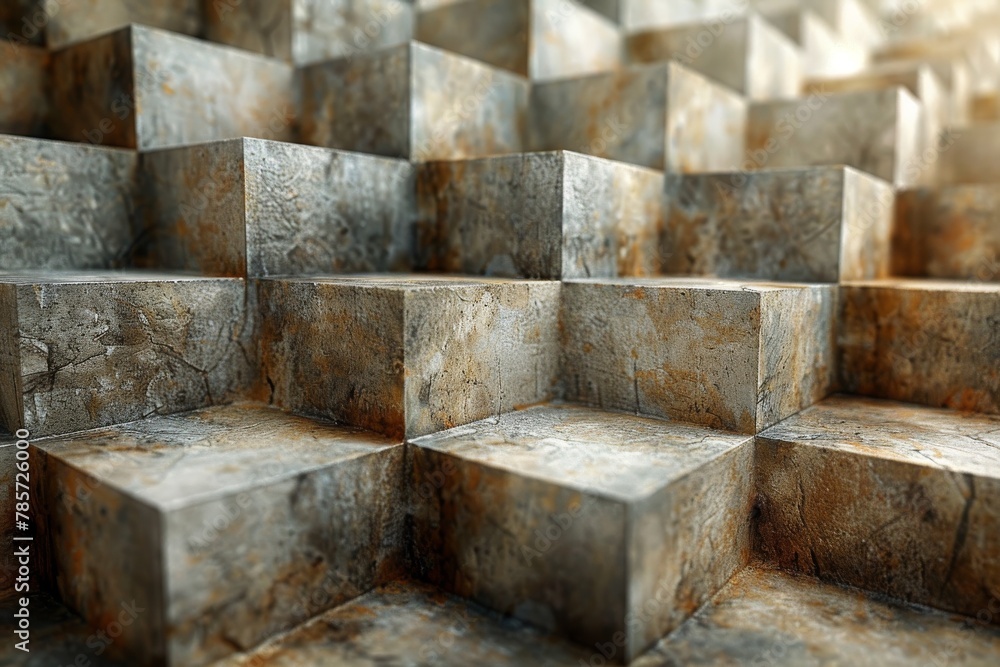 Poster an intriguing composition of endless metallic cubic structures reflecting light and generating a maz